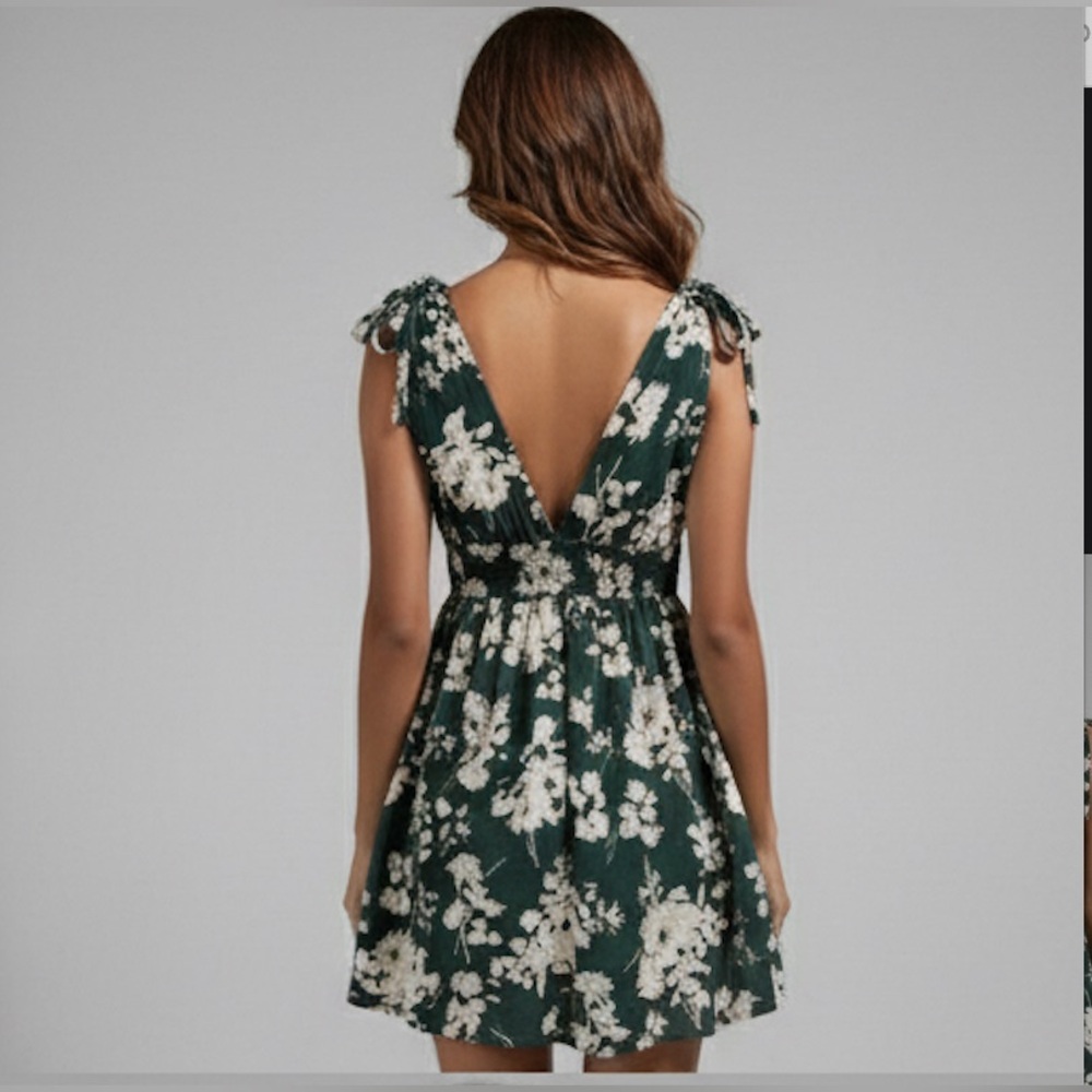 Boho Floral Print Plunging Neck Shirred Back Dress - Picture 6 of 8